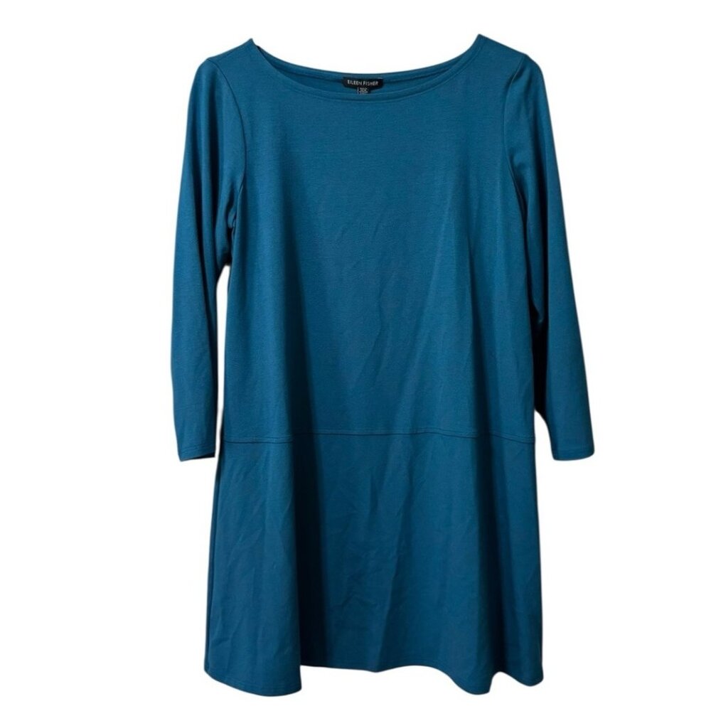 EILEEN FISHER Size Small  Blue Knit Bateau Neck‎ Tunic Stretch Modern Office NWT